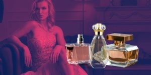 Montagem mostra uma mulher elegante com frascos de perfumes femininos ao seu lado