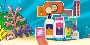 Produtos Cuide-se Bem Bob Esponja Boticário sobre uma imagem de fundo de mar