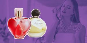 Montagem com dois perfumes femininos da Avon em destaque e foto de mulher elegante ao fundo